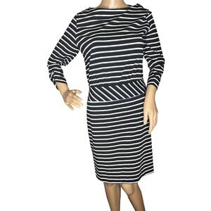 LL Bean Signature Striped Boatneck 3/4 Sleeve Dress Black‎ White Blue Size 8